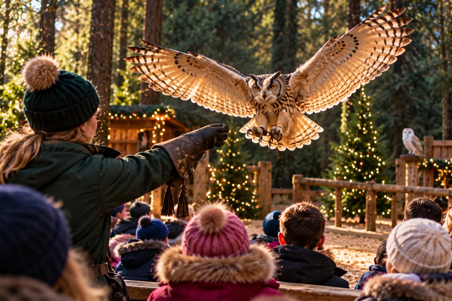 An owl flying towards a handler in a woodland display