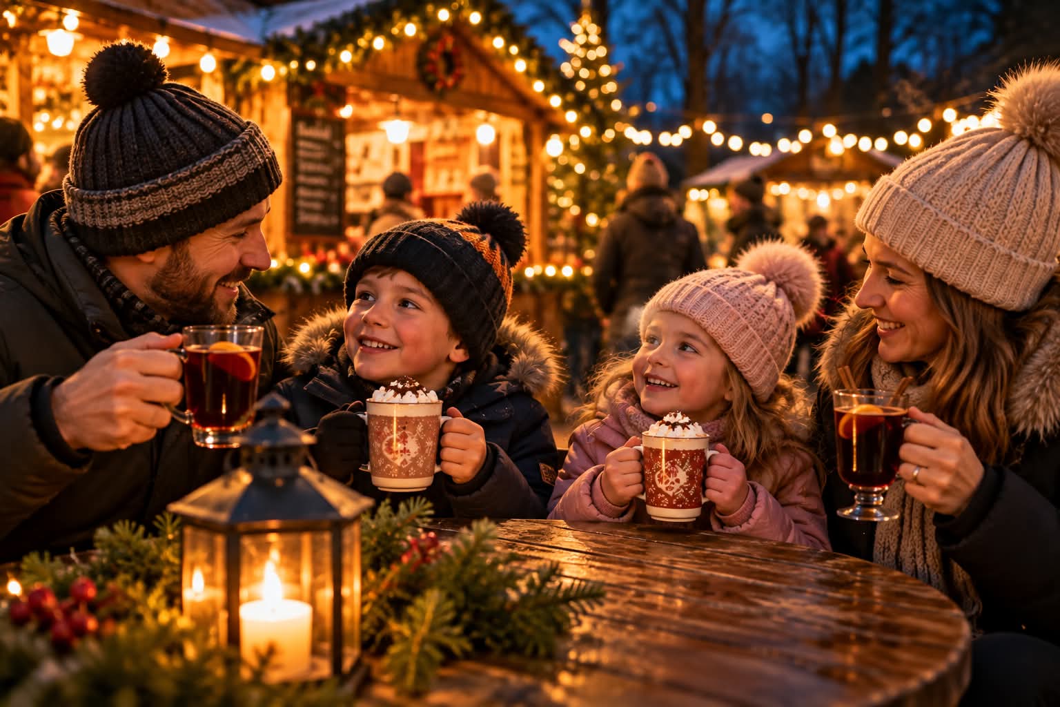 A family enjoying hot chocolate together in a festive woodland Village