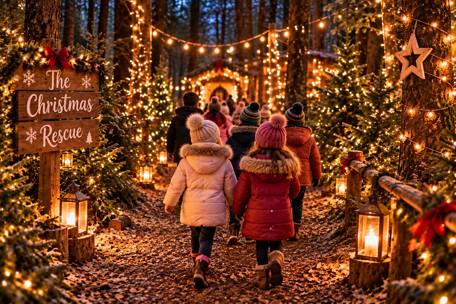 Families walking through a festive woodland filled with warm Christmas lights